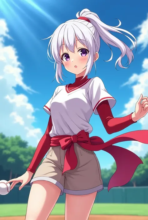 HD、Animation style、white hair 、Purple Eyes、girl、High school student 、single ponytail、Baseball player、Light color short sleeve top、Long sleeve red underwear、plump breasts、Good shape、Thin、sash、Sky、cloud、sunny、Baseball field