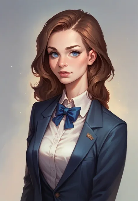 Beautiful girl with brown hair and blue eyes dressed in a suit , Realistic digital art