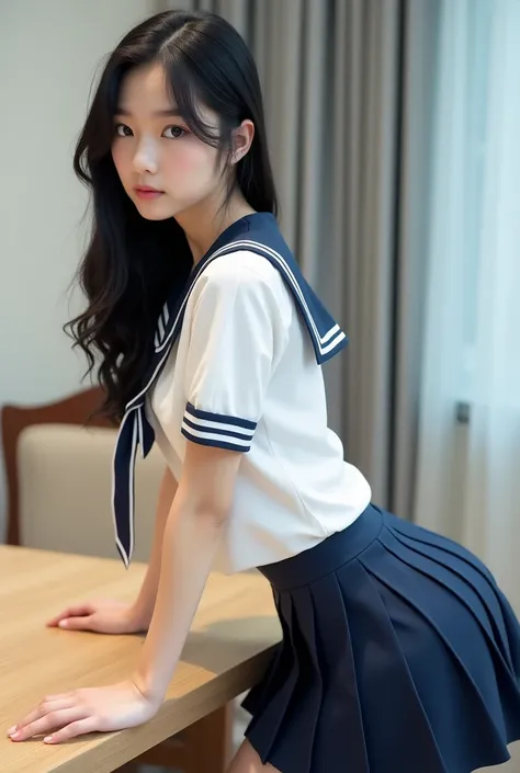 Sexy young girl,Beautiful shiny jet black hair , The Beauty of Japan, (White shirt, Sailor suit, Navy blue pleated skirt),  Big Ass, bend your body,  bend, Backwards, Show me your ass, Lean on the table, Squat,　Cute face in the style of a Japanese idol, Ba...