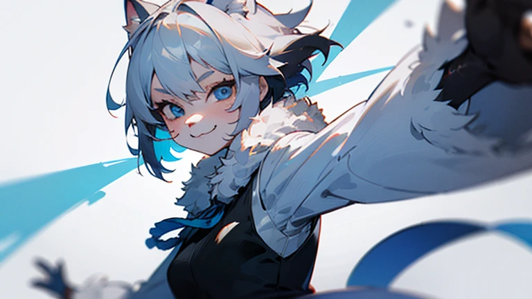 masterpiece, Full-HD, female, kemono, furry face, evil smiling, dancing, looking at viewer, short hair, silver hair, colored inner hair, blue eyes, white background, upper body, dutch angle shot