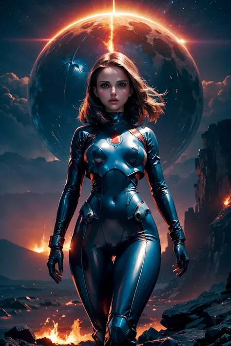 night. sci-fi. teenNatalie Portman as megaman. tight shiny costume. slender, athletic and graceful. background fire volcano. cloudy sky. --s 1000