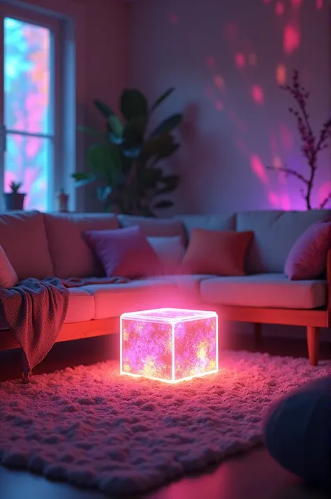 make 3d pictures Soft glowing light from the box
A scene where the glowing light from the box casts colorful shadows on the walls of the room. The vibrant colors blend, creating a magical, otherworldly feel in the cozy living room setting