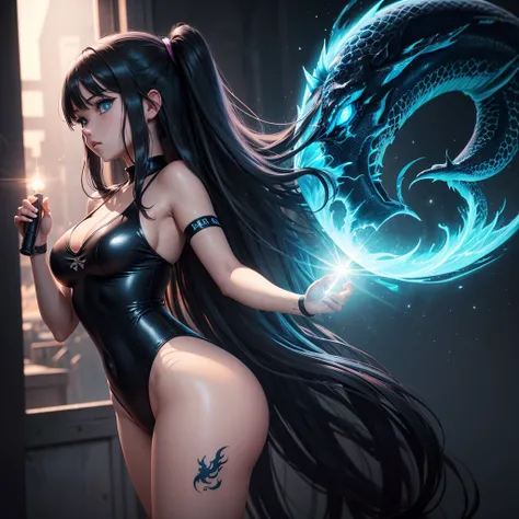 Long hair anime girl wearing black swimsuit, blue neon glowing dragon arm tattoo, Holding a shining light, anime art wallpaper 4k, anime art wallpaper 4k, Detailed digital anime art, Anime Style 4k, Anime Art Wallpapers 8K, Beautiful anime artwork, Beautif...