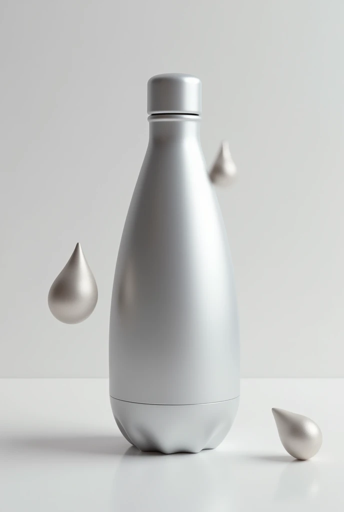 Draw a water bottle made of aluminum with a teardrop design. , There is an additional teardrop shape on the bottle.