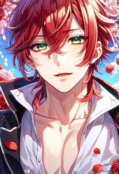 absurdres, highres, ultra detailed, HDR, master piece, best quality, extremely detailed, detailed eyes, detailed face, Sakamaki Ayato, unruly hair, short hair, red hair, hair spiked at the ends, expressive green eyes, Diabolik Lovers, solo, sexy man, hands...