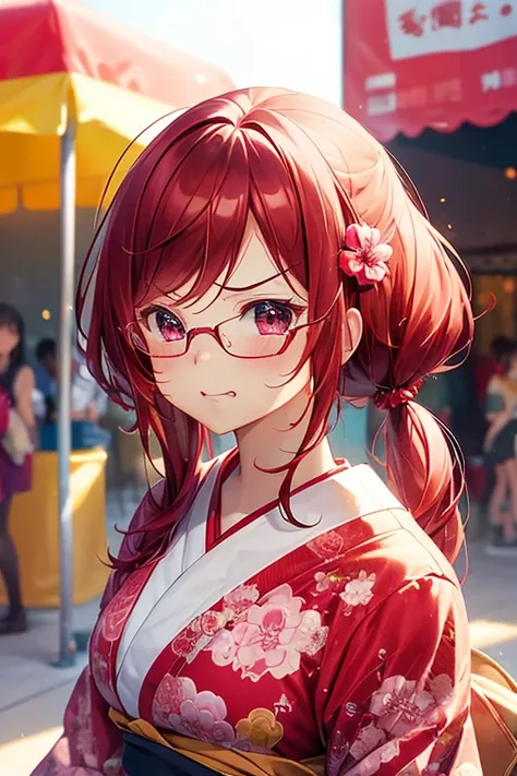 Shiny dark red hair, (Beautiful brown eyes,Sparkling eyes, fine grain),smile,Very fine eye,Highly detailed face, ,Cowboy Shot, masterpiece,High resolution,1 female,(Close-up of a woman),(Depiction of only the upper body),Short pigtails,Red glasses,Pink Lip...