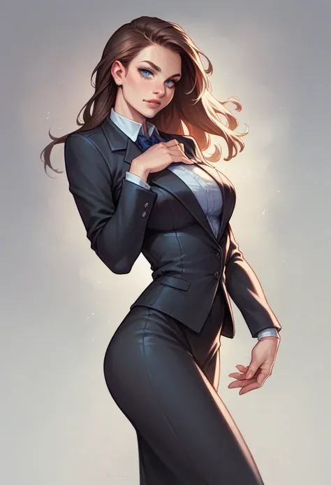 Beautiful girl with brown hair and blue eyes, Intense and cold look, she is dressed in a black suit , Realistic digital art