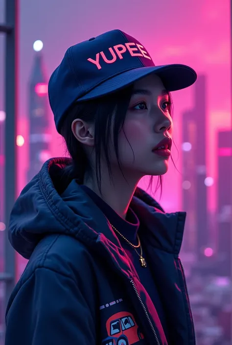 Make me a design for a flat new era style cap  , where the colors black and dark purple are used, light purple and white on the cap as backgrounds and where it has the YUPEE logo in capital letters in large and legible letters and that the jacket has an ar...