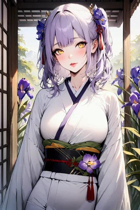 (masterpiece:1.2), (best quality:1.2), 1girl, solo, light purple hair, medium hair, two-side up, yellow eyes, lips, japanese clothes, kimono, obi, iris (flower)