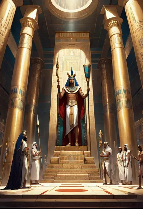 Moses stands at some distance before Pharaoh, who sits on his royal throne in the majestic hall. Pharaoh is surrounded by his advisors, two magicians, and his servants. Moses dramatically raises his large staff, holding it firmly. Pharaoh totally naked, ad...