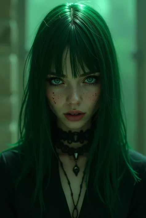 1 girl, green hair, green eyes, mage,  evil face, attractive woman masculine, 2, crazy face, girl, big woman, long hair, neat hair, full body, villain, psychopath smile,