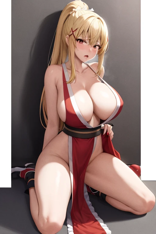 masterpiece, best quality, beautiful art, high resolution, well formed hands, body and fingers, 1 woman, solo, Darkness (konosuba), red makeup, red lipstick,adult, grown up,  cosplaying as Mai Shiranui , mai_shiranui_cosplay, adult, large and big breasted,...