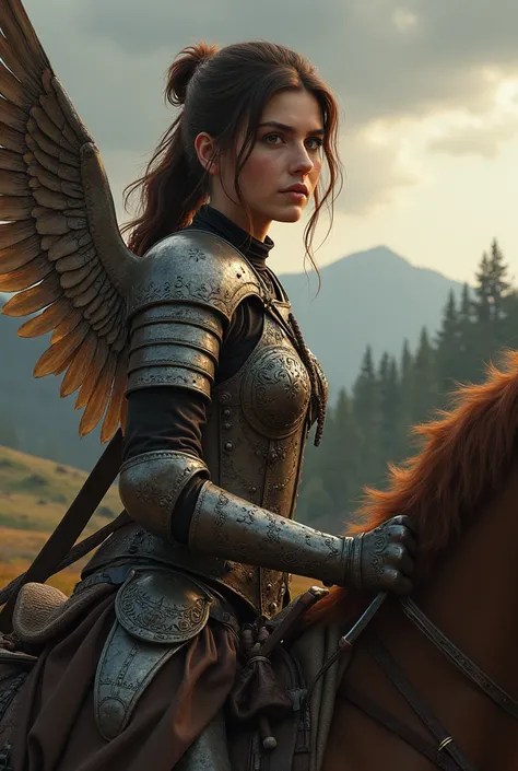 What would Indiana Jones look like as a woman, dressed in the armour of the Winged Hussars of Poland in the Middle Ages and in an action pose?