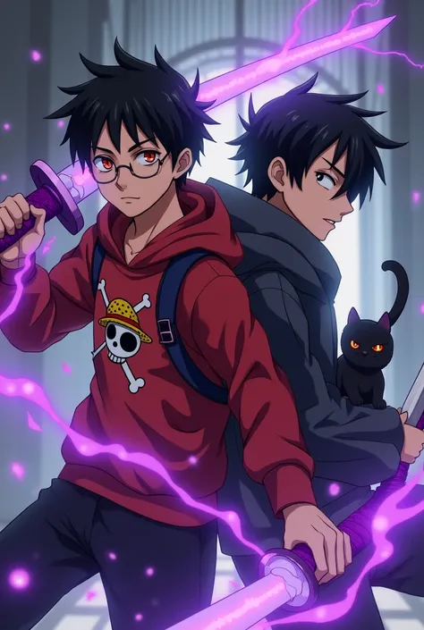 Black haired boy wearing a red sweatshirt with the one piece logo and an orange eye in anime style with a sword on his back with glasses and a young man with black hair with a black cat and a katana with a purple aura