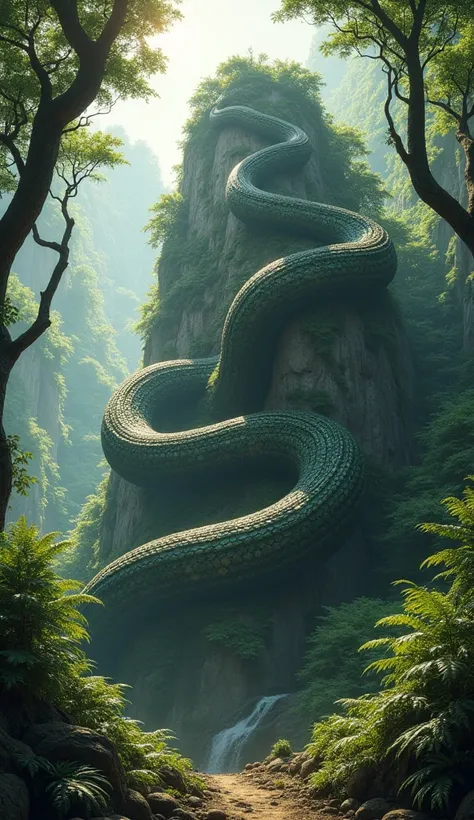 Picture of the biggest long snake wrapped around a high hill in the middle of a dense forest 