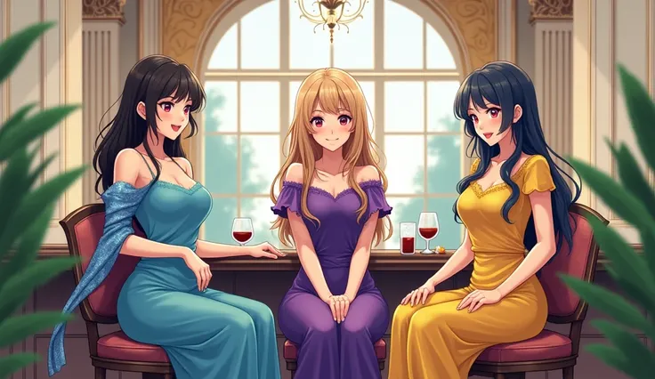 Three girls sitting in a great house with bar stools,blue cloth for the first one, purple clothes for the second one, yellow clothes for the third one, plants 