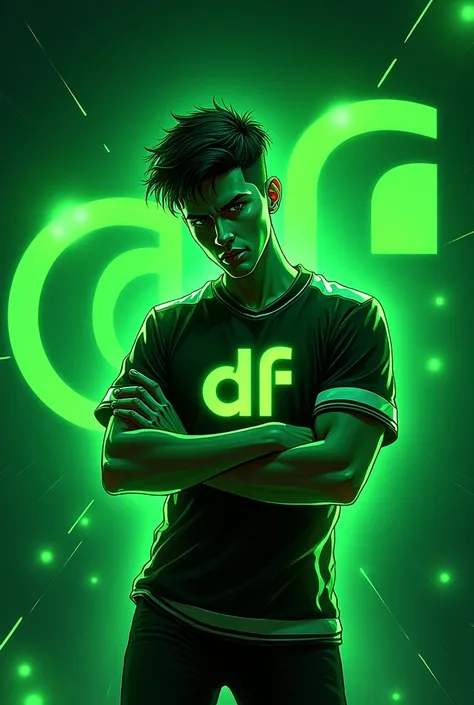 Create a 16x9 wallpaper with a free fire avatar design in neon green color based on animation with DF E-SPORT written on one side of the shirt and DF Psico written on the other in Portuguese./brazil