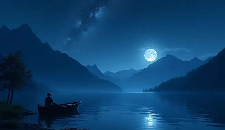 On a quiet night, the blue and clear lake is surrounded by mountains, gently praming the water without a single wind. The lake is full of stars, and countless silver-colored stars are sparkling and swaying on the water. Behind them, the magnificent mountai...