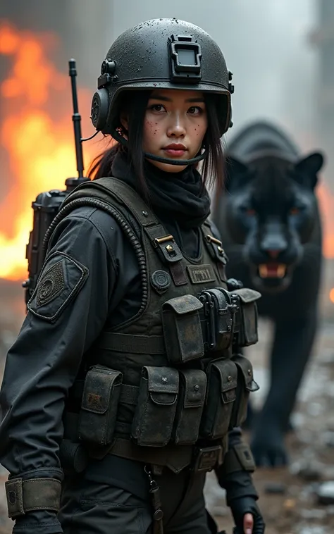 (Photorealism:1.2), Ultra-high resolution，War Girl , Asian women soldier，（Super beautiful，Pale face） (Wearing black special forces uniform，Wearing a military helmet), fully armed，(Tactical Vest, Military wiring harness), (Military boots)，（Holding an assaul...