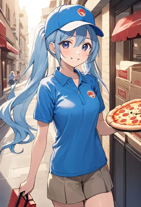 (Pizza delivery man, Wearing a polo shirt uniform and a baseball cap. Light blue long hair、Beautiful twin-tailed delivery girl、明るいsmile、She&#39;s giving you a pizza delivery box.. doorway, Sidewalk, street, car, Home), (anime, Digital, smile, Soft Light, f...