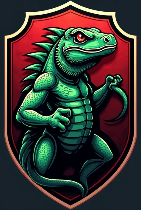 Football shield with an iguana mascot in the center with red and black tones