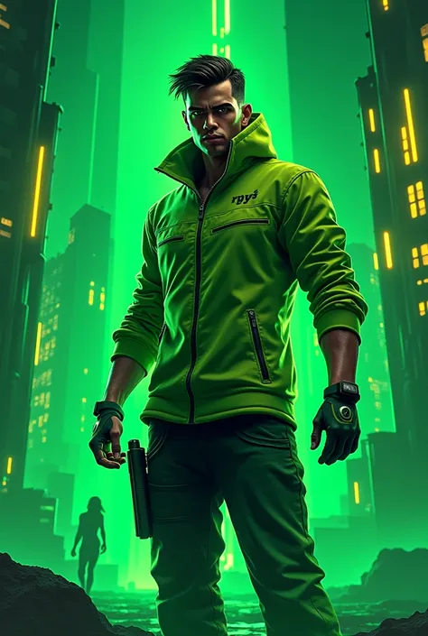 Create a 16x9 wallpaper with male free fire avatar design in neon green color based on animation written DF Psico in Portuguese language/brazil