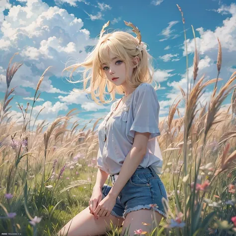 masterpiece: 1.2, Portraiture, Highest quality), Realistic, (Live Action, Intricate details, Written boundary depth), Highest quality, masterpiece, Attention to detail, semi-Realistic, On the grass, shy, 2, Short blonde, blue eyes, blonde、 Slim figure、Shou...