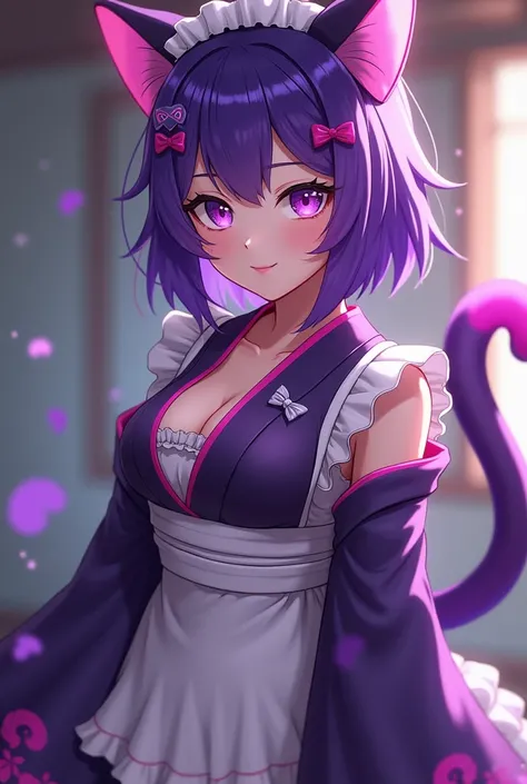 I want a nekomata vtuber with purple hair with a pink tip and she has purple eyes, one darker and one lighter, and I have a body with medium chest and medium thighs, wearing a maid kimono with a medium skirt