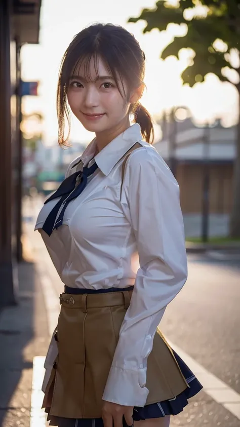 (Highest quality,masterpiece:1.3,Ultra-high resolution),(Very detailed,Caustics,8k),(Realistic:1.4,RAW shooting),1 girl,(Smiling and looking down at the camera),(Front shot:1.1),(Look forward),1,cute,Japanese,Black short ponytail,Perfect schoolgirl blouse,...