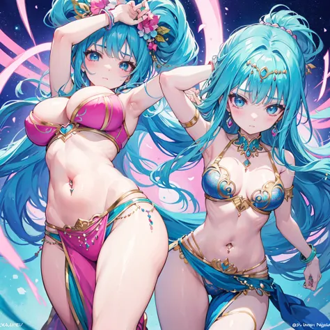 Belly dancer in pink and blue outfit,Anime, best quality, Highly detailed,Show Stomach,Navel piercing