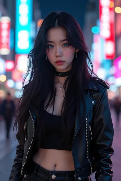 Asian girl from South Korea, young, Long hair, High resolution, masterpiece, High details, Very detailed, textured skin, UHD, high quality, HD Model, Long hair, black hair, blue eyes, with rock clothes, in the city, thin face, small nose and big, full lips