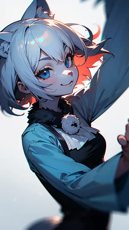 masterpiece, Full-HD, 2 females, kemono, furry face, evil smiling, dancing, looking at viewer, short hair, silver hair, colored inner hair, blue eyes, white background, upper body, dutch angle shot