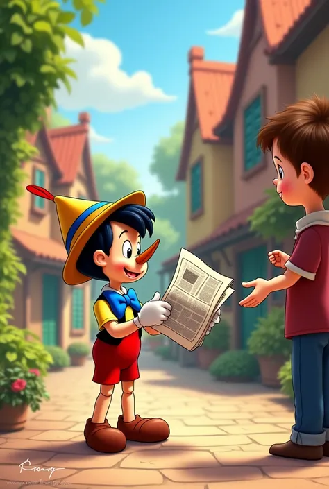 create a cartoon of Pinocchio delivering a newspaper to a person