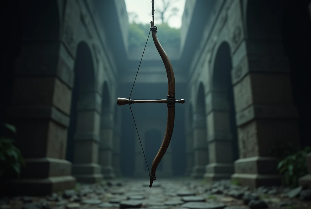 "At the center of the image is a simple, well-worn wooden bow, resting gently in mid-air as if suspended by unseen forces. The bow’s wood is slightly weathered, showing signs of use, but its sturdy frame still gleams faintly in the soft light. The string i...