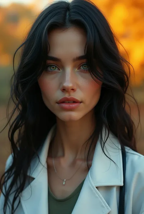 Make a woman looking straight ahead with long, wavy, dark hair and snow-white skin, pink lips,Green eyes with blue and only the scientist&#39;s coat can be seen on the shoulders, with a normal look looking as if a warm autumn day was hugging her, appearing...