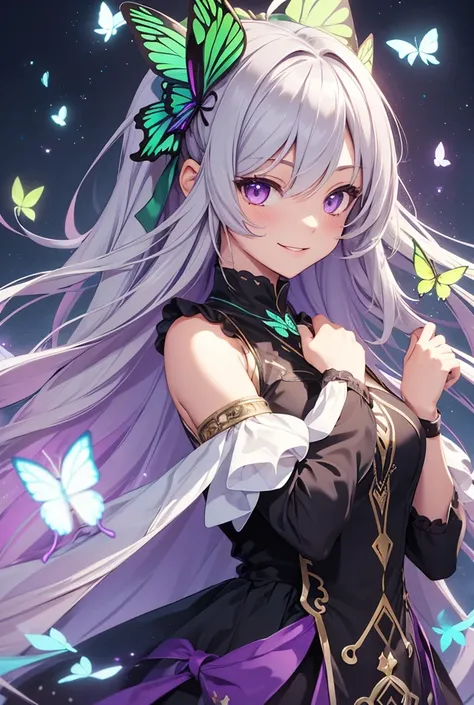 High resolution, One girl, Simple Background, Very long hair, Gray Hair, Purple eyes, Green butterfly hair accessory, Sparkle Effect, Character profile, smile, 