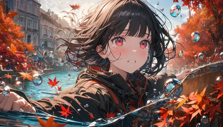 sorrow、Are crying、tears、autumn leaves、autumn leavesの葉、autumn、Shortcuts、blunt bangs、Red eye color、Super detailed, 8k, bubble, Right blue water, nice, bright、BLACK Hair Girl、Splash