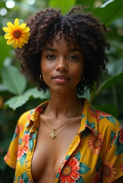 A Brazilian woman in a lush tropical garden, wearing an open shirt with a floral print, with a close-up capturing the harmonious beauty between her breasts and the natural flowers, showing off your natural charm and outgoing personality.