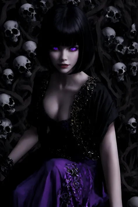 woman 30 years old, witchcraft, magician,magic clothes, where poison potions and vines abound, a woman (hutless), short black hair (black hair), (bangs: 1.2), (purple eyes), looks at you amidst a pile of bones and skulls. Indifferent look , merciless. amon...