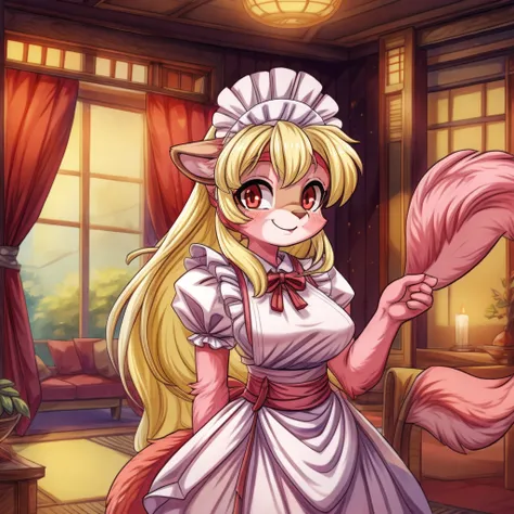 8K, best quality, best resolution, 1girl, squirrel ears, curtains, squirrel girl,big squirrel tail, squirrel female, indoors, living room, long hair, yellow hair, red eyes, growing eyes, maid dress, maid headdress, red eyes, see-through, solo, smile, trans...