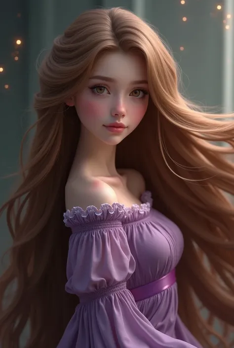 Make a girl, with white skin, long wavy brown hair, wearing a purple dress like Rapunzels dress.