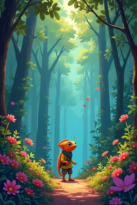 Make 5 illustrations for the following story: 1. The Forest of Lost Colors In a world full of bright colors, Little chameleon Ciro wakes up one day to find that all the colors have disappeared from the forest.. the trees, The flowers and animals are now gr...