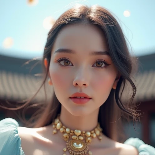 arafed woman in a blue dress with a gold belt and a necklace, 3 d render character art 8 k, trending on cgstation, chengwei pan on artstation, inspired by Lan Ying, 8k artgerm bokeh, 8k high quality detailed art, deviantart artstation cgscosiety, cgsociety...