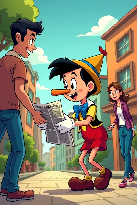 create a cartoon of Pinocchio delivering a newspaper to a person, Pinocchio is a liar and is delivering false news, create this image in comic format. Monicas Gang style