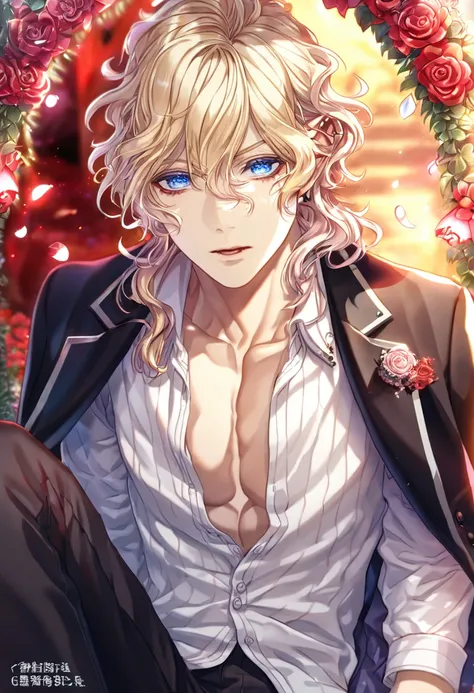 absurdres, highres, ultra detailed, HDR, master piece, best quality, extremely detailed, detailed eyes, detailed face, Sakamaki Shuu, blond hair, slightly wavy hair, his hair is short, expressive blue eyes, Diabolik Lovers, solo, sexy man, handsome, sensua...