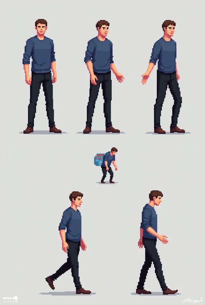 5 sprites of each position, a male character with black pants and a blue shirt, 2D character in pixel art, he stood facing all sides, walking everywhere and with him on his back without any backpack
