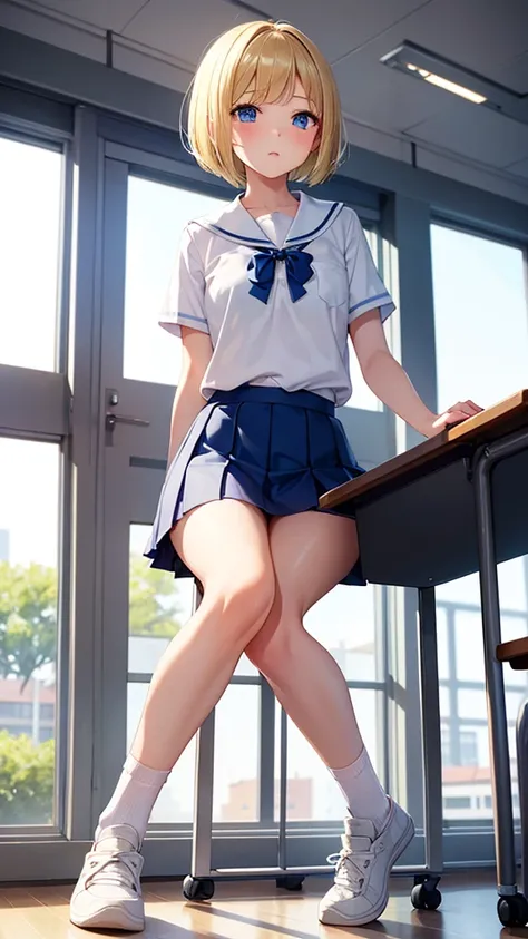 masterpiece,Highest quality,girl,high school girl,blonde,Bobcut,blue eyes,small胸,small,Short sleeve shirt,Pleated mini skirt,Ankle-length socks,sitting, studying, from bottom,Sleepy look,classroom,During class,Indoor shoes