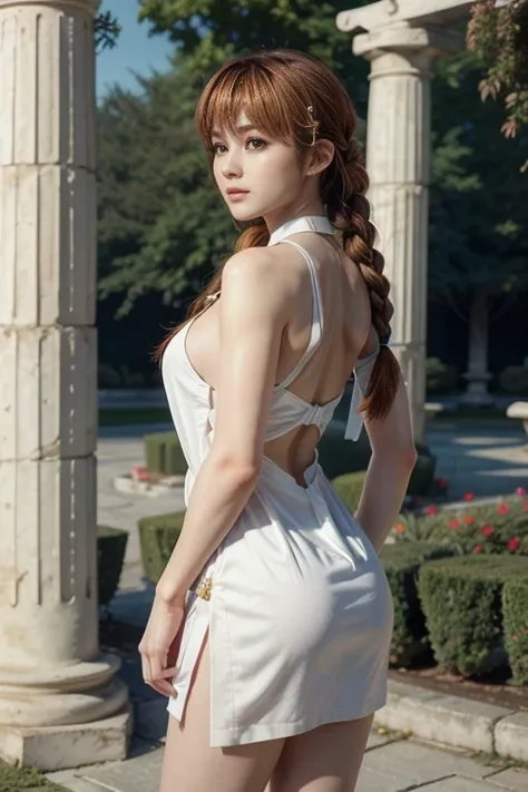 , kasumi, wearing white dress from ancient Greece, Masterpiece artwork, best qualityer, longye hair, Braid, fully body, nice legs.rear view, 