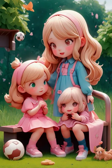 A girl with long blond hair and a pale pink dress is standing on a brightly lit school playground. The other girl is her best friend, who has dark brown hair and is wearing a blue shirt and jeans. They sit on the green grass, sharing snacks and telling fun...