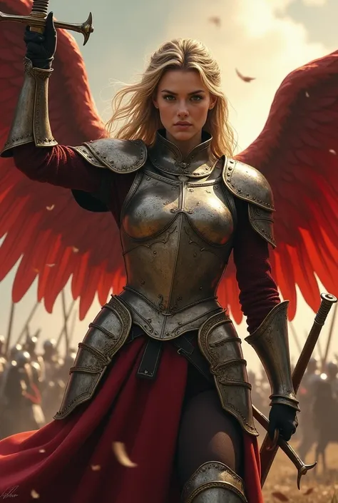 What would Indiana Jones look like as a woman, dressed in the armour of the Winged Hussars of Poland in the Middle Ages and in an action pose? (Whole body)